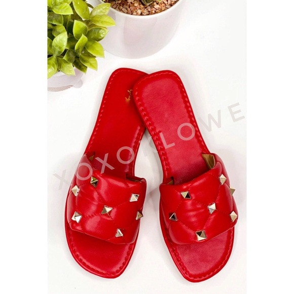 Gold Studded Quilted Wide Band Sandal Slide - Picture 9 of 13